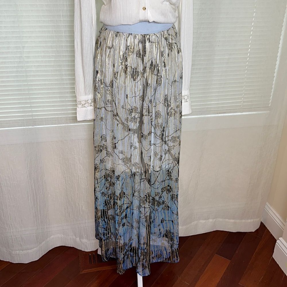 Anthropologie M Light Blue Gold Gray Black Metallic Sheer Chiffon Maxi Skirt